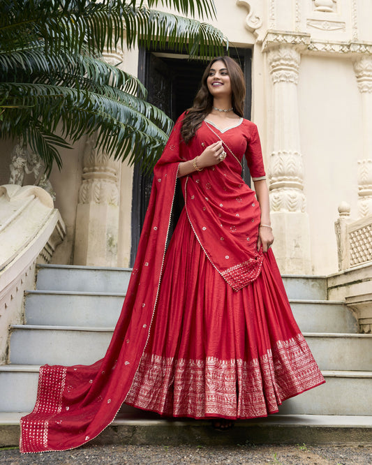 Lorenvalley Red Pure Chanderi Plain With Zari Weaving Work Border Lehenga Choli | Swadesiicart
