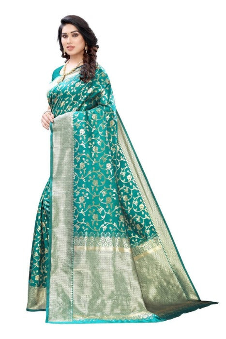 Vamika Banarasi Jacquard Weaving Rama Green Saree (PARINITI RAMA) | Swadesiicart
