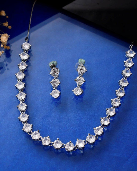 VOJ Silver Plated AD Studded Choker Jewellery Set