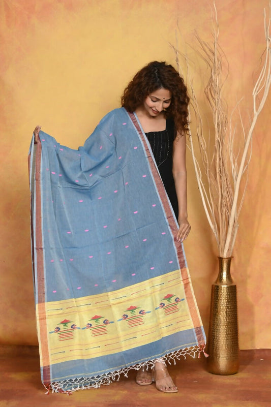 Very Much Indian Handloom Pure Cotton Paithani Dupatta - Powder Blue | Swadesiicart
