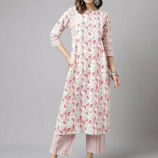 FIORRA Women's White Cotton A-line Kurta with Palazzo - Swadesiicart