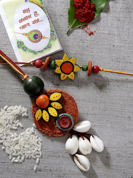 NVR Women & Men Set of 2 Multicolor Sea Shell Handcrafted Bhaiya Bhabhi Rakhi With Roli Chawal & Chocolate | Swadesiicart