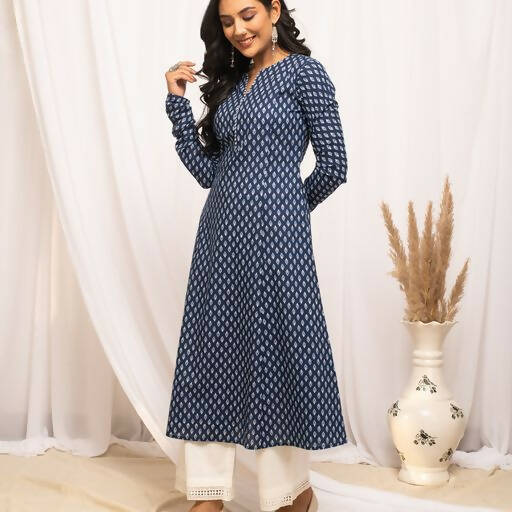 FIORRA Women's Floral Printed Navy Blue Cotton A-Line Kurta - Swadesiicart