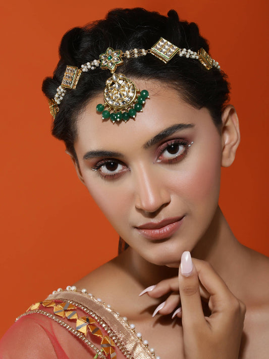 Gold-Polished White Green Kundan-Studded Pearl Beaded Matha Patti - Ruby Raang | Swadesiicart