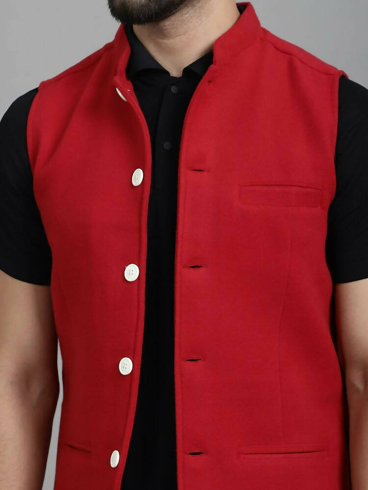 Even Apparels Nehru Jacket With Welt Pockets - Red | Swadesiicart
