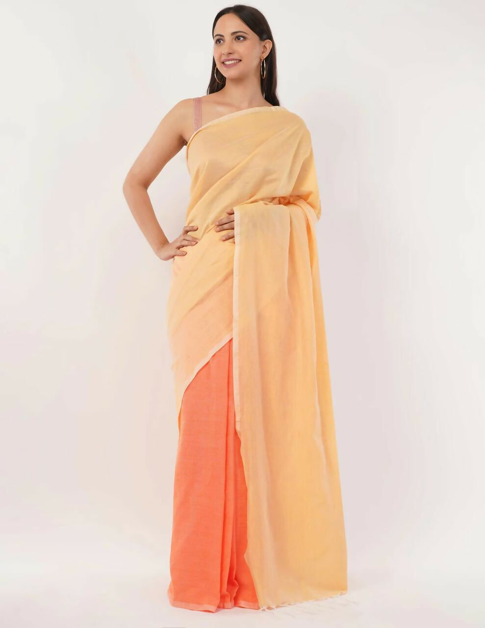Exclusive Collection Beautiful Khadi Cotton Cream Light Orange Light Yellow Handloom Saree - Swadesiicart