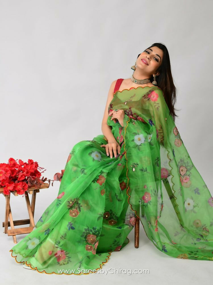 Vamsee Nakshatra Latakn Green Organza Saree - Swadesiicart