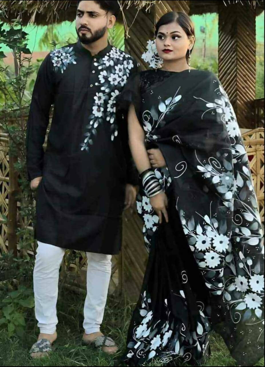 Exclusive Collection Elegant Hand Printing Designe On Pure Cotton Saree And Men's Kurta - Black | Swadesiicart