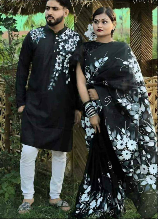 Exclusive Collection Elegant Hand Printing Designe On Pure Cotton Saree And Men's Kurta - Black | Swadesiicart