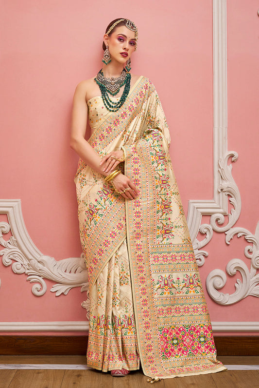 Monjolika Fashion Cream Banarasi Silk Traditional Saree with Meenakari and Weaving Work | Swadesiicart