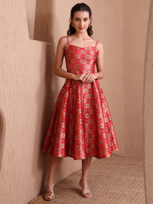 Monjolika Fashion Women's Red Banarasi Brocade Festive Fit & Flare Midi Dress with Zari Weaving Work | Swadesiicart