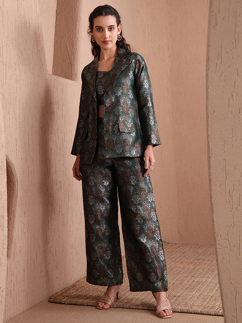 Monjolika Fashion Women's Green Banarasi Brocade Co-ord Set With Designer Blazer & Wide-Leg Pants - Swadesiicart