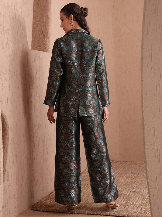 Monjolika Fashion Women's Green Banarasi Brocade Co-ord Set With Designer Blazer & Wide-Leg Pants - Swadesiicart