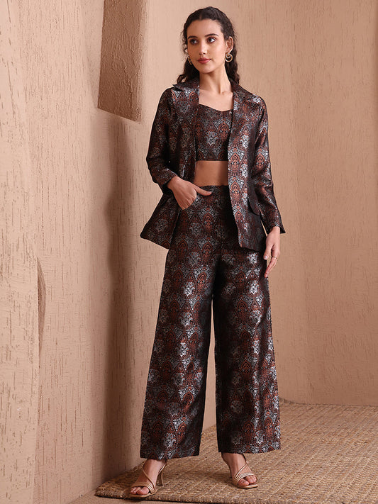 Monjolika Fashion Women's Black Banarasi Brocade Co-ord Set With Designer Blazer & Wide-Leg Pants - Swadesiicart