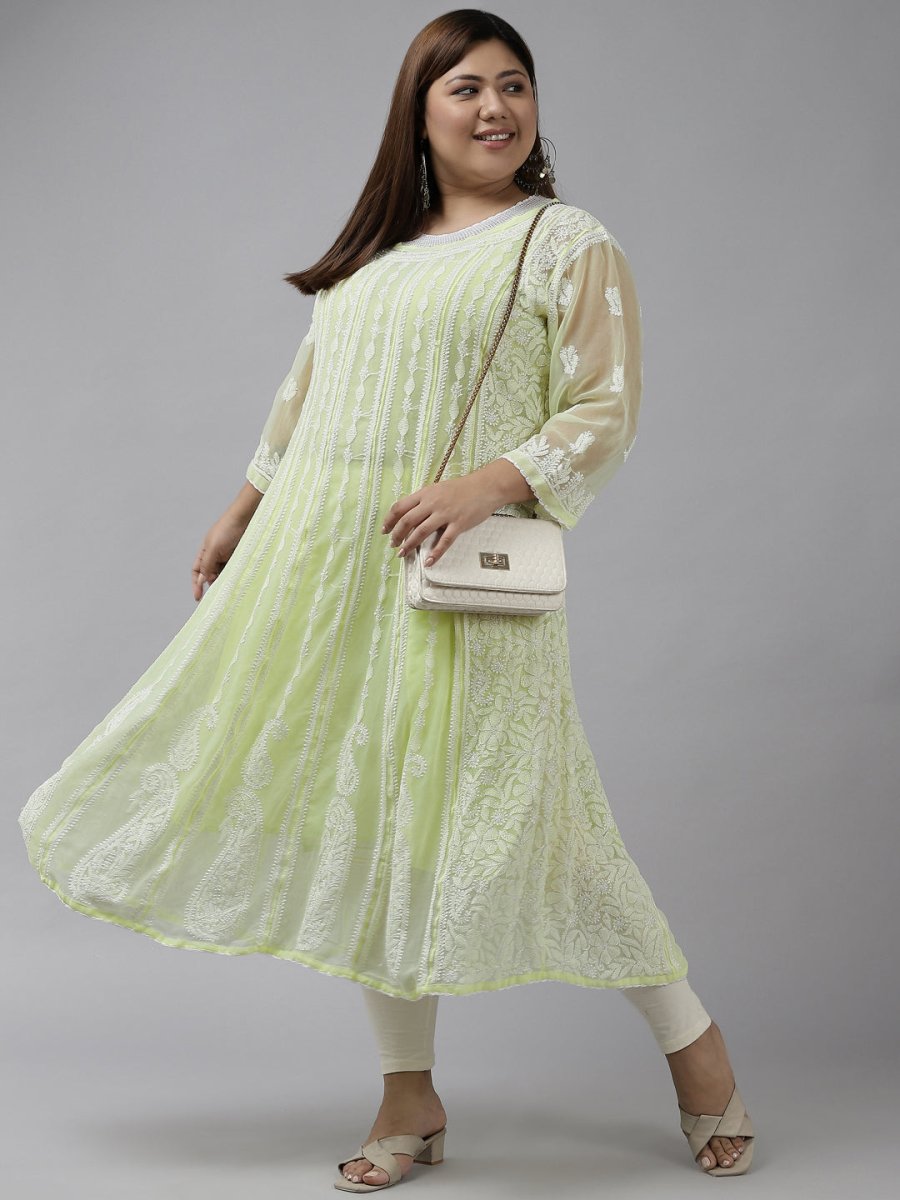 ADA Women Lime Green & White Ethnic Motifs Plus Size Chikankari Georgette Anarkali Kurta | Swadesiicart