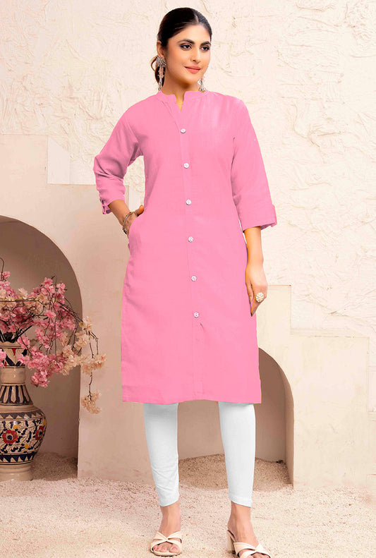 Monjolika Fashion Light Pink Color Cotton Casual Kurti With Pocket - Swadesiicart