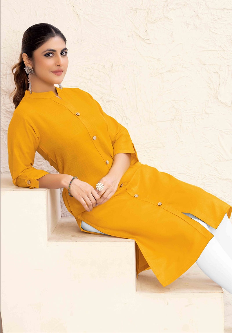 Monjolika Fashion Mustard Yellow Color Cotton Casual Kurti With Pocket