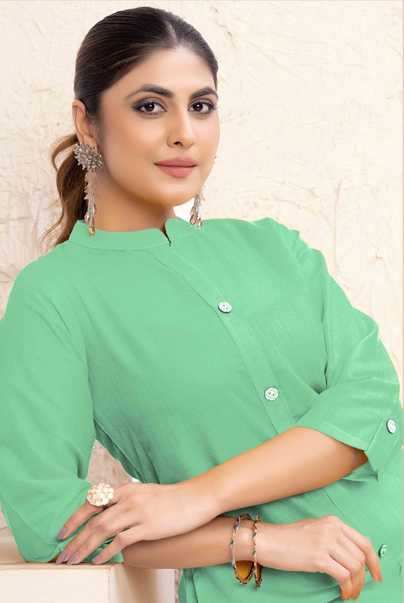 Monjolika Fashion Sea Green Color Cotton Casual Kurti With Pocket