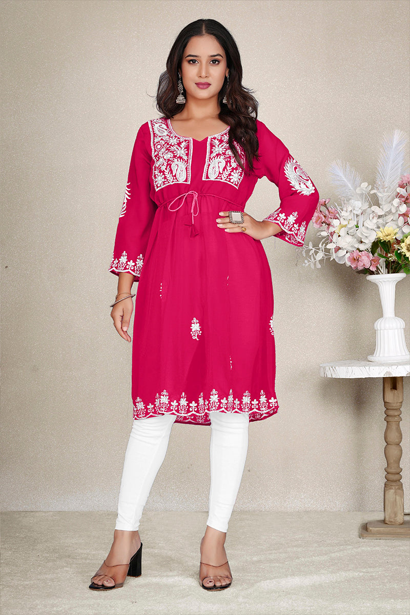 Monjolika Fashion Rani Pink Colour Embroidered Georgette Casual Kurti - Swadesiicart