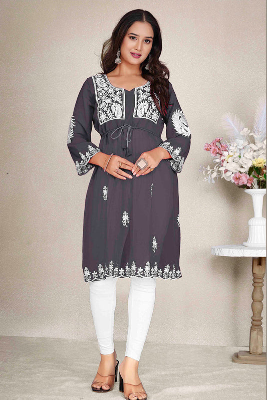 Monjolika Fashion Dark Grey Colour Embroidered Georgette Casual Kurti - Swadesiicart
