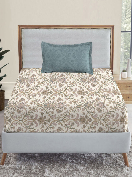 MYTRIDENT Dusk and Dawn Beige Ethnic Motifs Cotton 144 TC Single Bedsheet 1 Pillow Cover - Swadesiicart