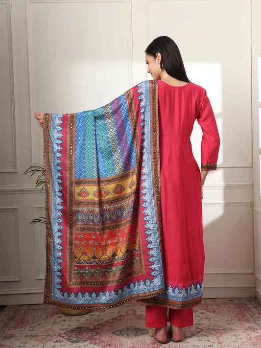 Yufta Pink Anarkali Silk Blend Kurta Set With Pant And Dupatta With Cotton Lining - Swadesiicart