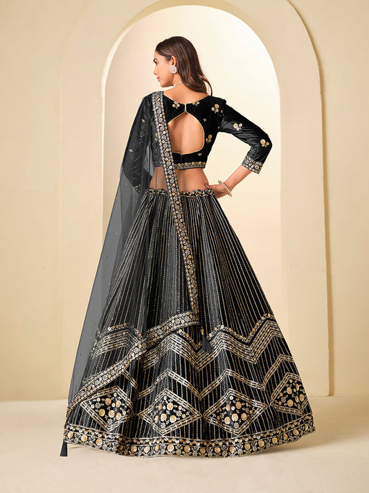 Monjolika Fashion Black Velvet Embroidered Sequins Work A Line Lehenga Choli - Swadesiicart