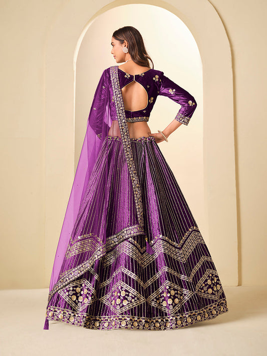 Monjolika Fashion Purple Velvet Embroidered Sequins Work A Line Lehenga Choli - Swadesiicart