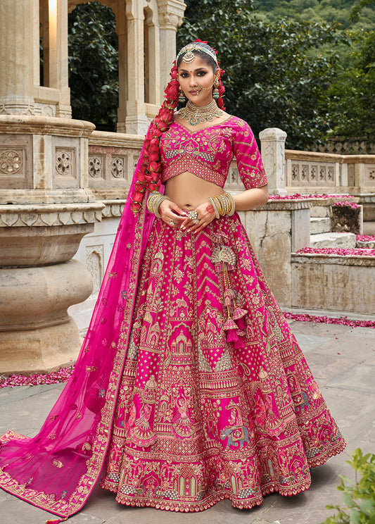 Monjolika Fashion Rani Pink Khatli Embroidered Silk Blend Bridal Lehenga Choli - Swadesiicart