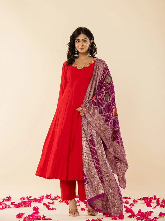 Yufta Red Silk Blend Anarkali Kurta Dupatta Set - Swadesiicart
