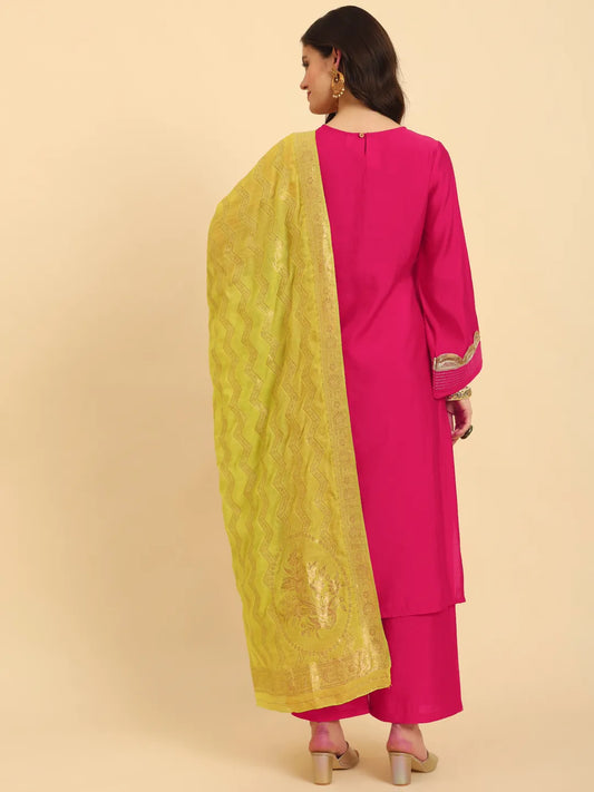 Yufta Pink Silk Flared Sleeves Kurta With Palazzo Banarasi Dupatta Set | Swadesiicart