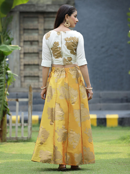 Juniper Women`s Mustard Dupion Printed Flared Lehenga Choli Sets | Swadesiicart