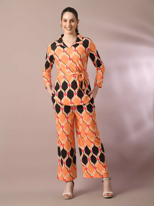 Myshka Women's Multi Printed Polo Collar Party Top With Trousers Co-ord set - Swadesiicart