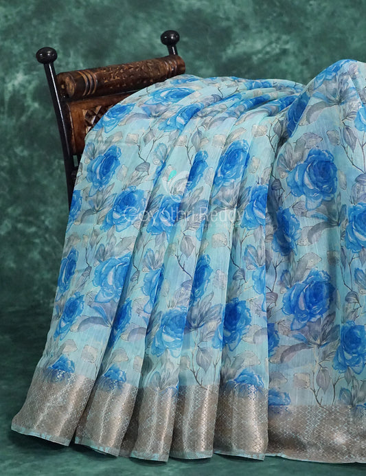 Powder Blue And Dark Blue Coloured Floral Print Semi Chanderi Saree By Gayathri Reddy Designer Studio | Swadesiicart