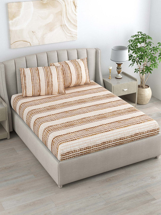 DREAM WEAVERZ Beige & Brown Striped Pure Cotton 220 TC King Bedsheet With 2 Pillow Covers - Swadesiicart