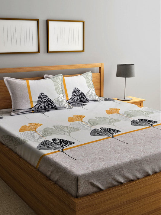 Home Sizzler Grey & Yellow Floral 210 TC Queen Bedsheet with 2 Pillow Covers - Swadesiicart