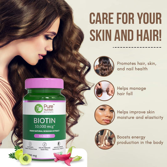 Pure Nutrition Biotin 10,000mcg from Natural Sesbania Extract Veg Tablets - Swadesiicart