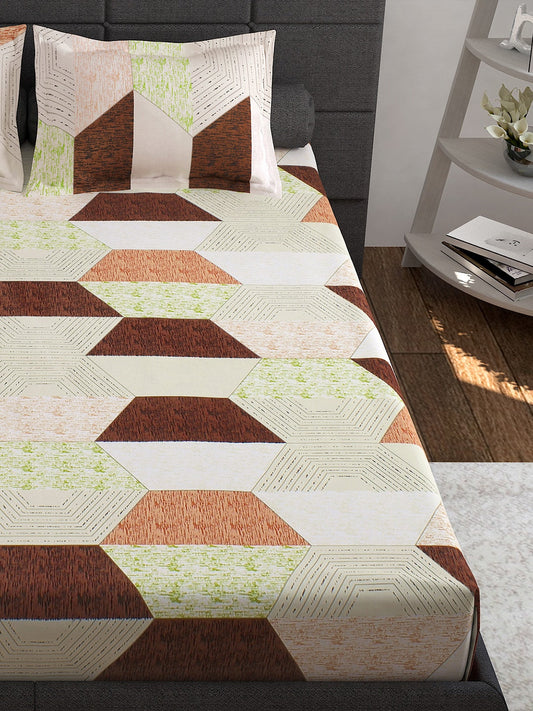 Story@home Cream-Coloured Geometric 152 TC Cotton 1 Queen Bedsheet with 2 Pillow Covers - Swadesiicart