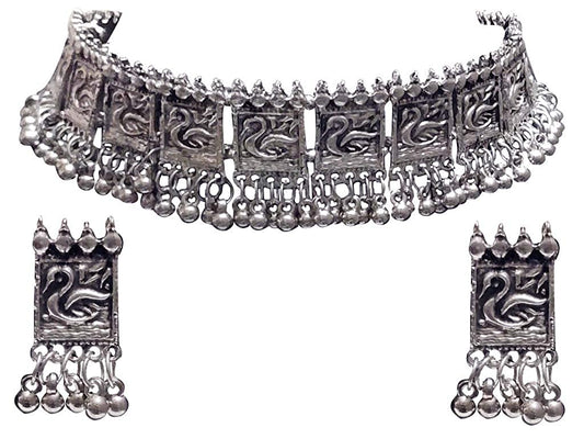 Silver-Plated Alloy Oxidised Silver Geometric Necklace - The Pari | Swadesiicart