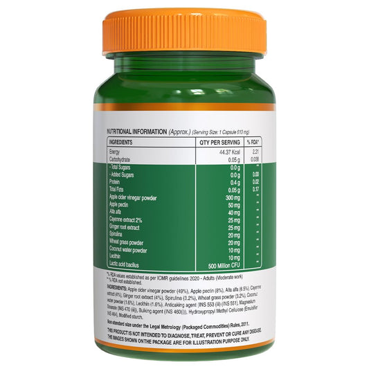 Pure Nutrition Apple Cider Vinegar with Wheat Grass & Spirulina Veg Capsules - Swadesiicart
