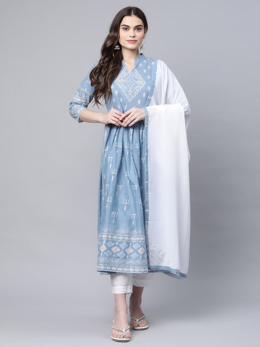 Ahalyaa Women Pastel Blue Pure Cotton Printed Kurta Pant Set With Dupatta | Swadesiicart