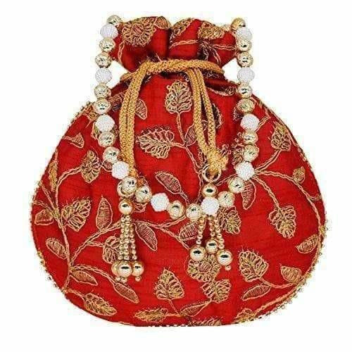 Ethnic Silk Potli bag Clutch Batwa Pouch with Embroidery and Metal Bead work Gift For Women - Swadesiicart