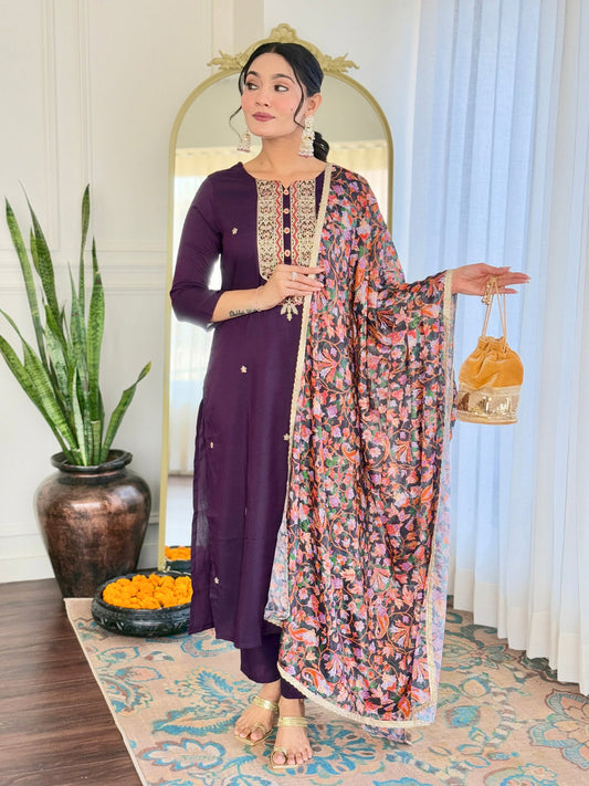 The52 Women's Rayon Embroidery work Straight Kurta with Pant and Dupatta Set - Swadesiicart