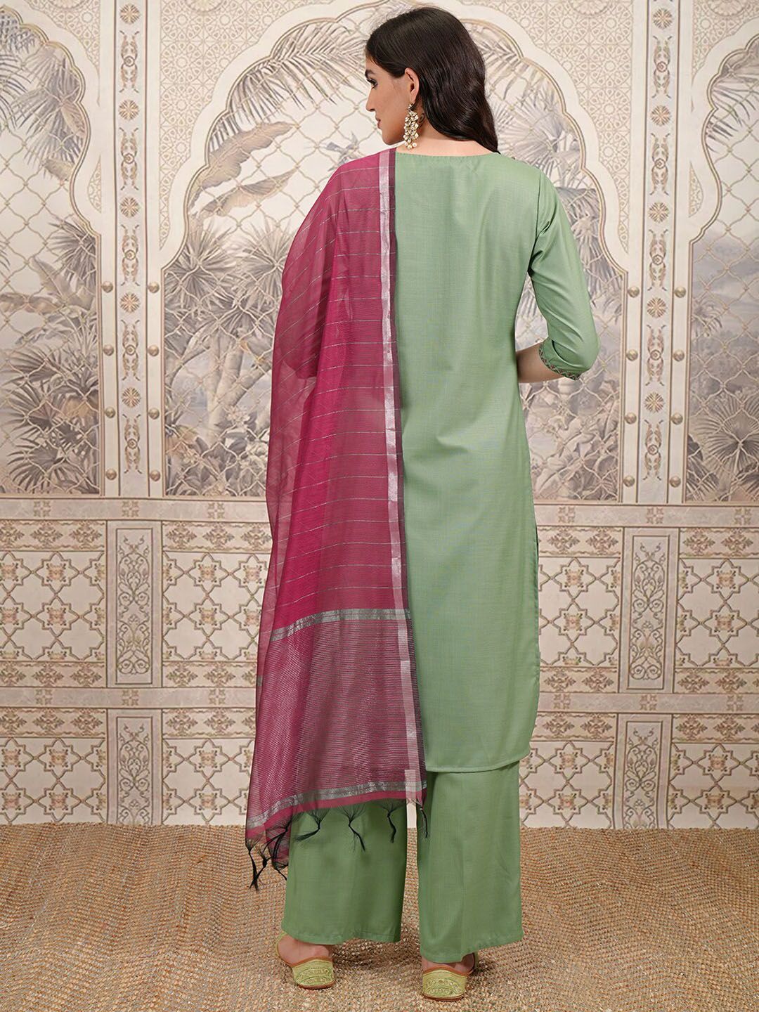 Vishudh Green Embroidered Thread Work Kurta with Trouser & Dupatta - Swadesiicart