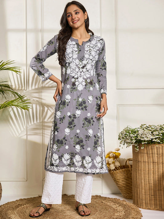 HOUSE OF KARI Floral Embroidered Chikankari Cotton Straight Kurta | Swadesiicart