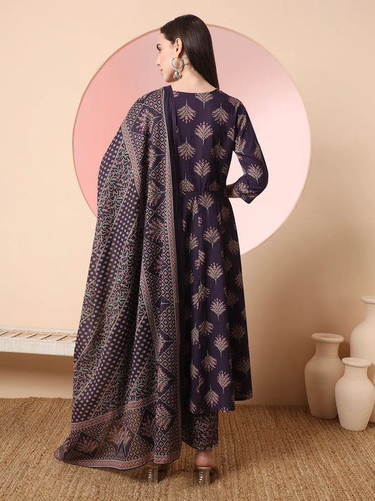 Yufta Purple Pure Cotton Chikankari Anarkali Kurta Dupatta Pant Set | Swadesiicart