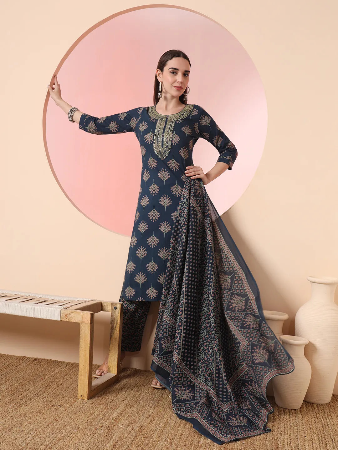 Yufta Teal Blue Pure Cotton Chikankari Straight Kurta Dupatta Pant Set | Swadesiicart