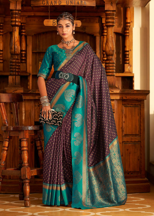 Wine Soft Banarasi Paithani Copper Zari Weaving Saree With Unstitched Blouse Piece - Jodha | Swadesiicart