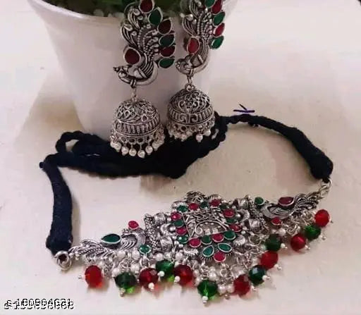 Tehzeeb Creations Women's Oxidised Multi Colour Meenakari Necklace Set - Swadesiicart