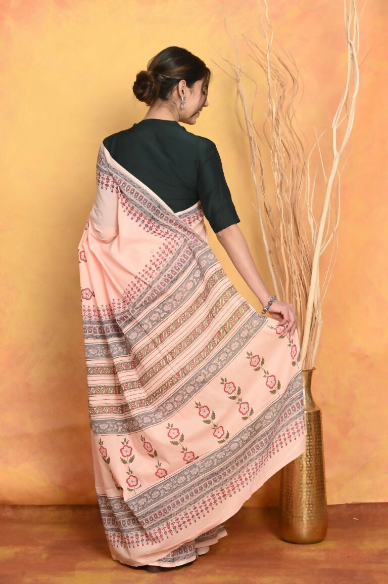 Very Much Indian Handblock Printed Cotton Saree With Natural Dyes - Peach | Swadesiicart